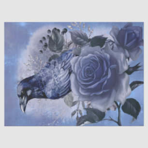 Papier Mousseline Raven Bird Blue Rose Whimsical Decoupage