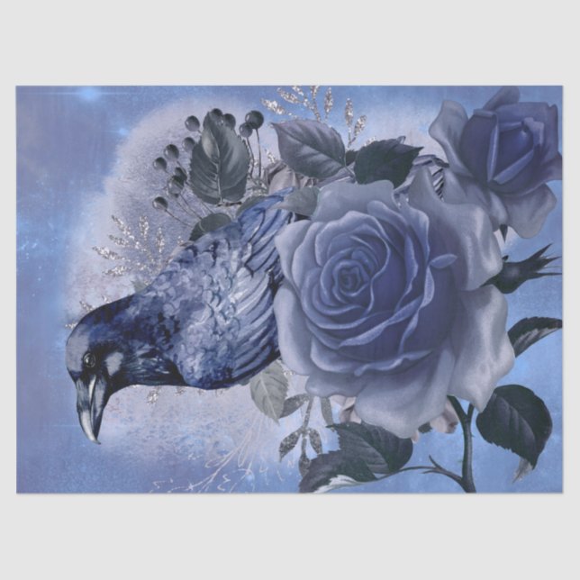 Papier Mousseline Raven Bird Blue Rose Whimsical Decoupage (Recto)