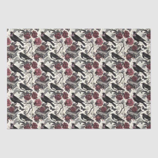 Papier Mousseline Ravens gothiques vintages, Roses et livres (Recto)