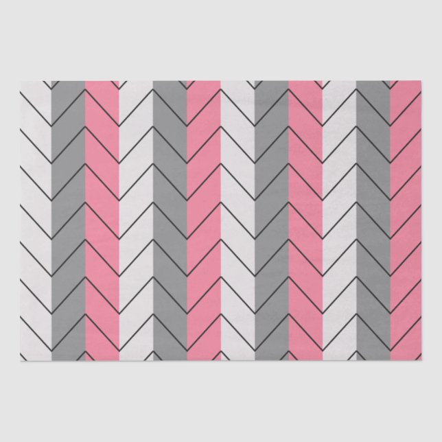 Papier Mousseline Rayures Chevron Noir Gris Rose  (Recto)