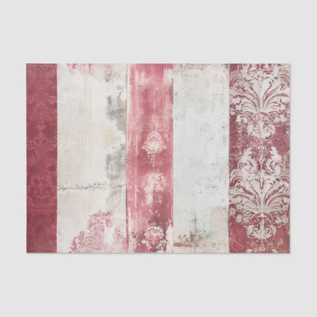 Papier Mousseline Rayures damassées rouge et blanc en détresse (Recto)