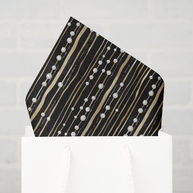 Papier Mousseline Réception de Mariage Or Noir Perles Blanches (Sac cadeau)