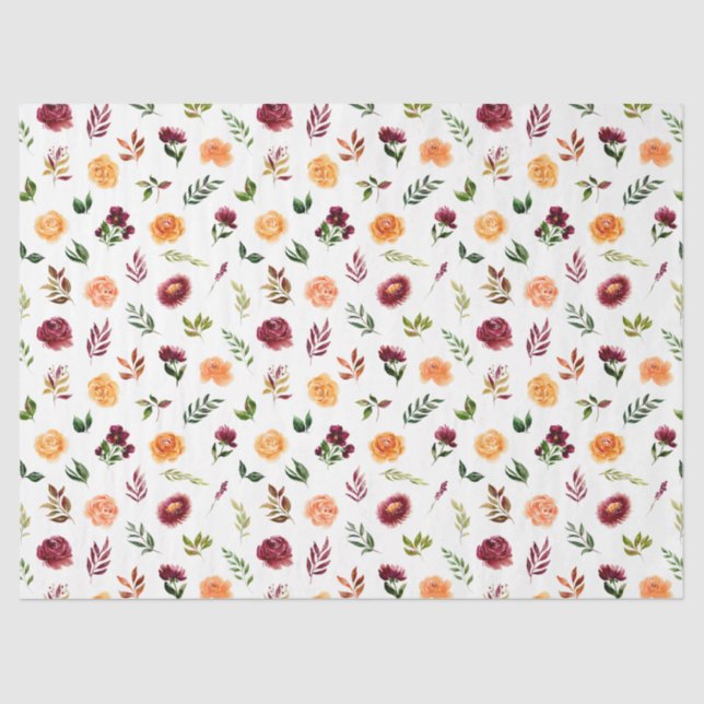 Papier Mousseline Red and Orange Flowers with Foliage Pattern (Recto)