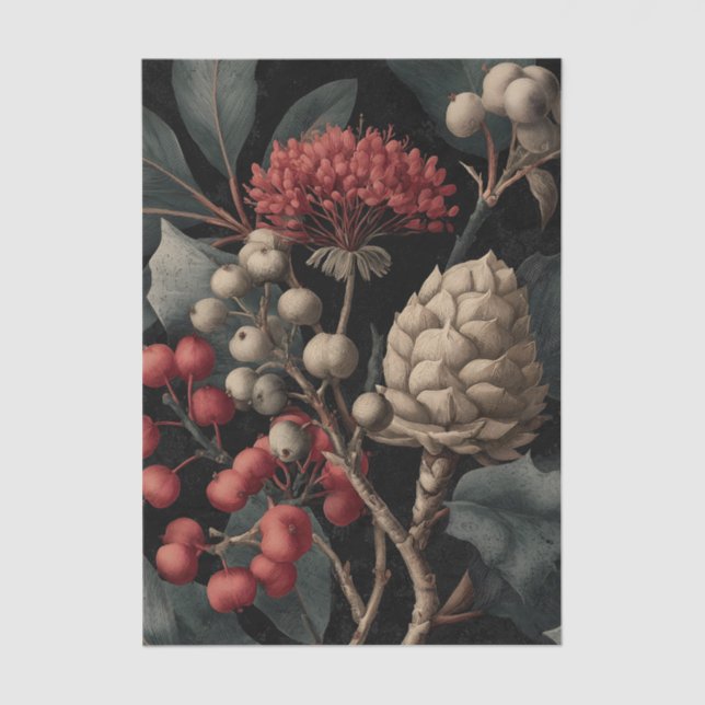 Papier Mousseline Red Berries and Exotic Seed Pods on Black (Recto)