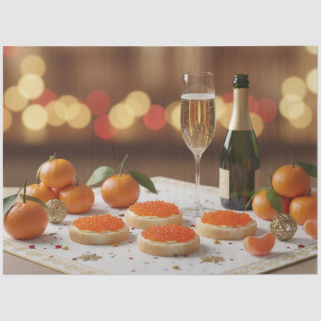 Papier Mousseline Red Caviar, Champagne, Tangerines, Festive Dinner (Recto)