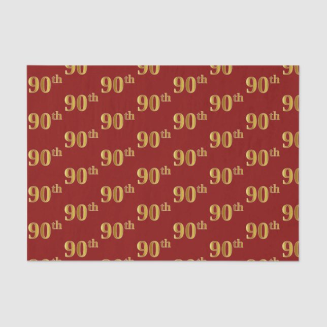 Papier Mousseline Red, Faux Gold 90th (Ninetieth) Event Tissue Paper (Recto)