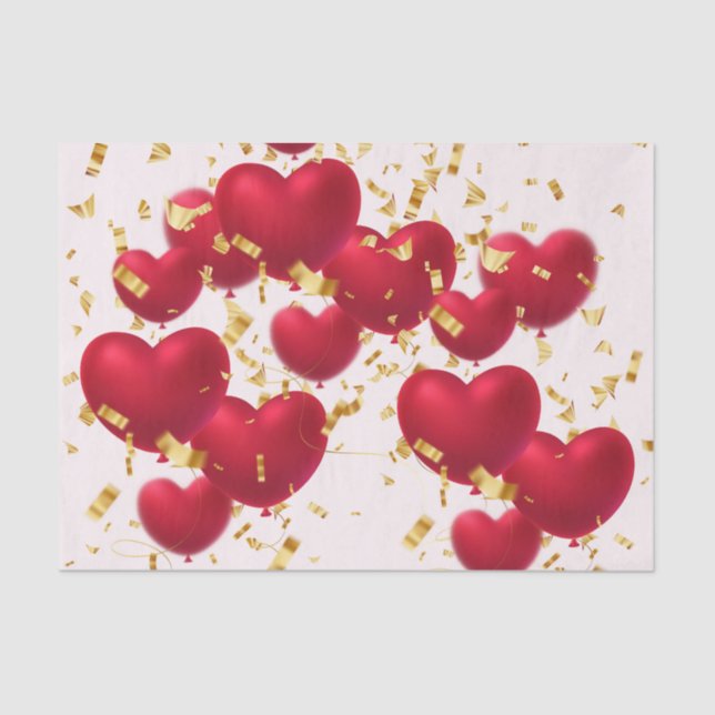 Papier Mousseline Red Hearts Gold Confetti (Recto)