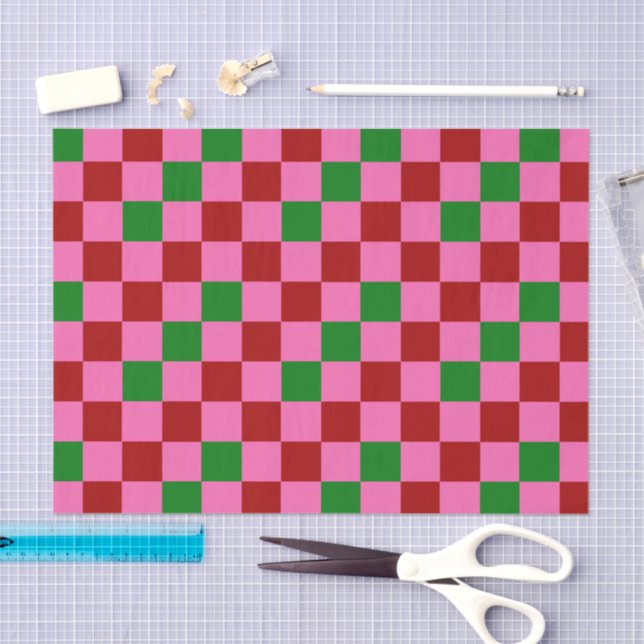 Papier Mousseline Red Pink Green Checkered Pattern Design  (Artisanat)