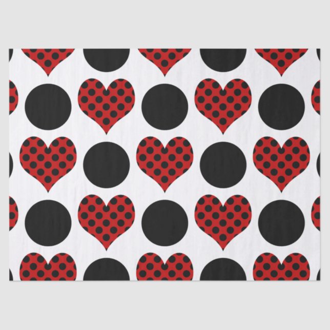 Papier Mousseline Red Polka Dot Hearts et Black Circles Motif (Recto)