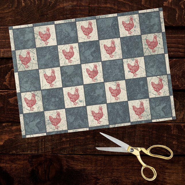 Papier Mousseline Red Rooster on Gray Black Checkerboard Farmhouse (Créateur téléchargé)