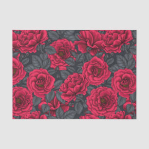 Papier Mousseline Red roses with gray leaves on black
