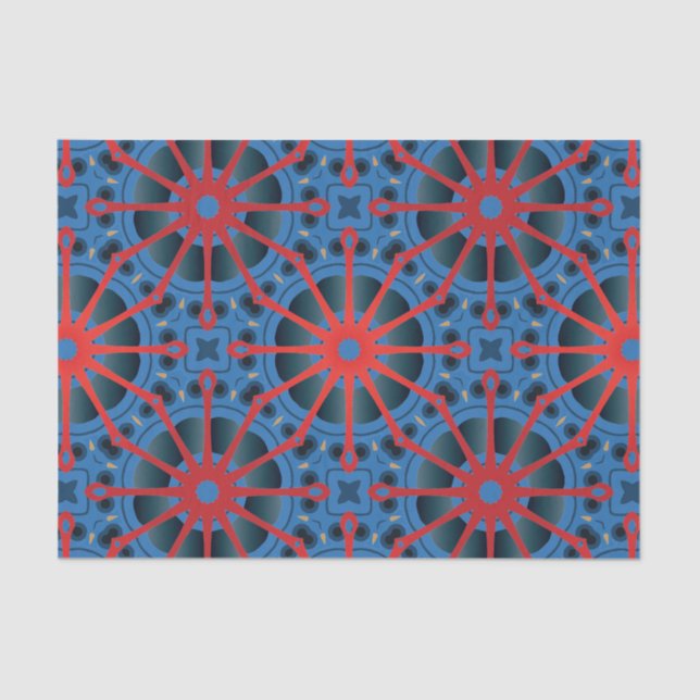 Papier Mousseline Red Scarlet et Blue Indigo Motif ethnique Boho (Recto)