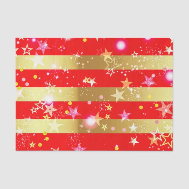 Papier Mousseline Red Shiny Gold Stripes Confetti Et Étincelles (Recto)