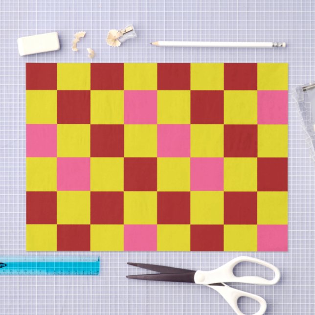Papier Mousseline Red Yellow Pink Checkered Pattern Design  (Artisanat)