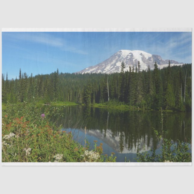 Papier Mousseline Réflexion du lac Rainier avec Fleurs sauvages (Recto)