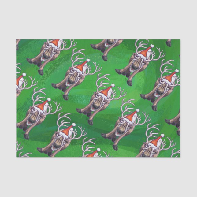 Papier Mousseline Reindees Noël Sur Vert (Recto)
