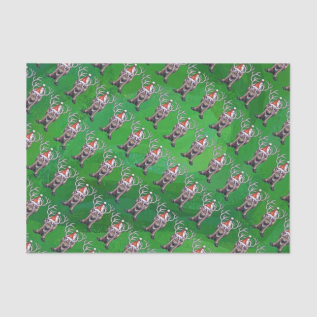 Papier Mousseline Reindees Noël Sur Vert (Recto)