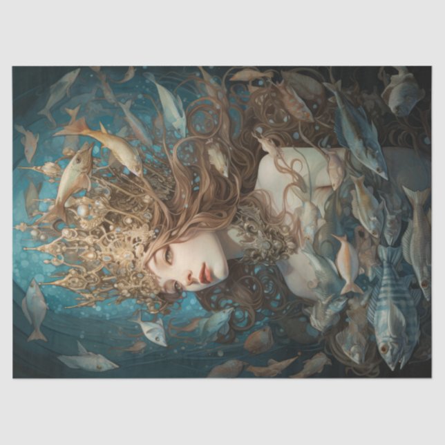 Papier Mousseline Reine Sirène Et Poissons Sous La Mer (Recto)