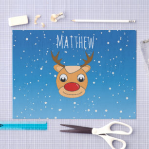 Papier Mousseline Renne souriant chute de neige personnalisée bleue