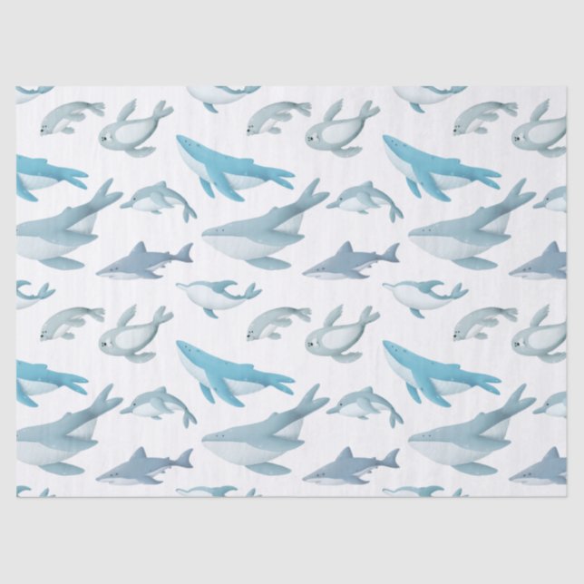 Papier Mousseline Requins, baleines, dauphins, phoques sur la page D (Recto)