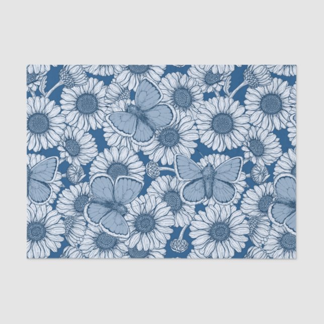 Papier Mousseline Ressort bleu, fleurs sauvages, marguerites (Recto)