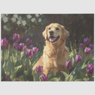 Papier Mousseline Retriever d'or avec découpage de tulipes violettes