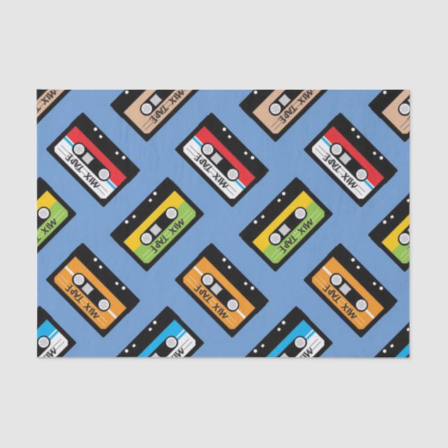 Papier Mousseline Retro Blue cassette motif anniversaire 1980s Vinta (Recto)