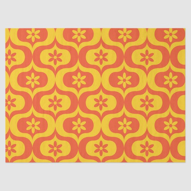 Papier Mousseline Retro Flowers on Yellow and Red Ogee Pattern  (Recto)