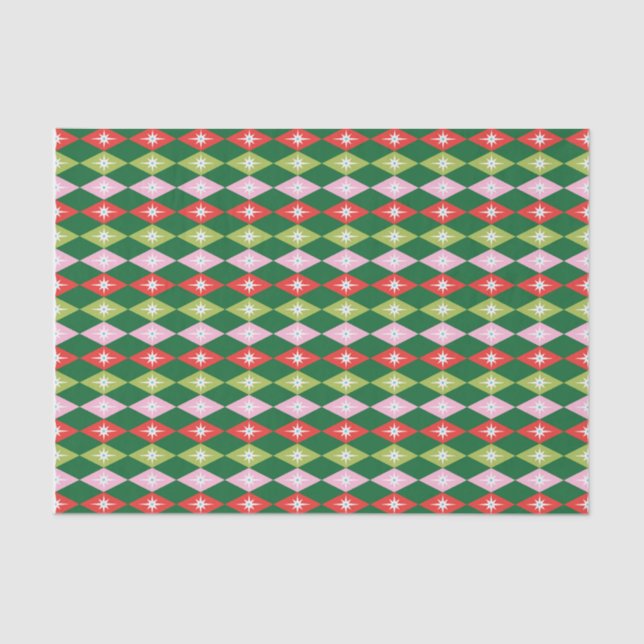 Papier Mousseline Retro Mid Century Rouge, Rose et Vert Noël (Recto)