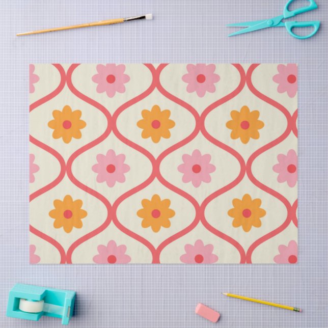 Papier Mousseline Retro Orange and Pink flowers on Ogee Pattern  (Artisanat)
