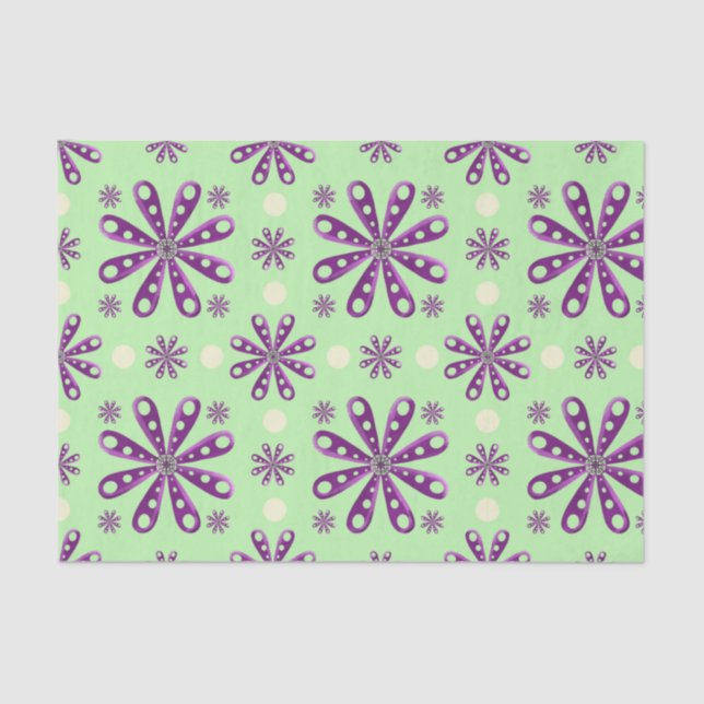 Papier Mousseline Retro Purple Flowers on Green Background (Recto)