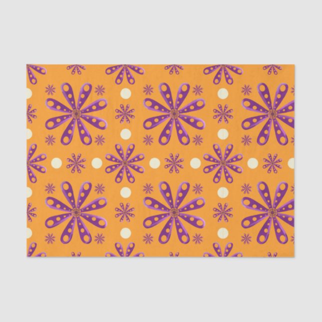 Papier Mousseline Retro Purple Flowers on Orange Background (Recto)