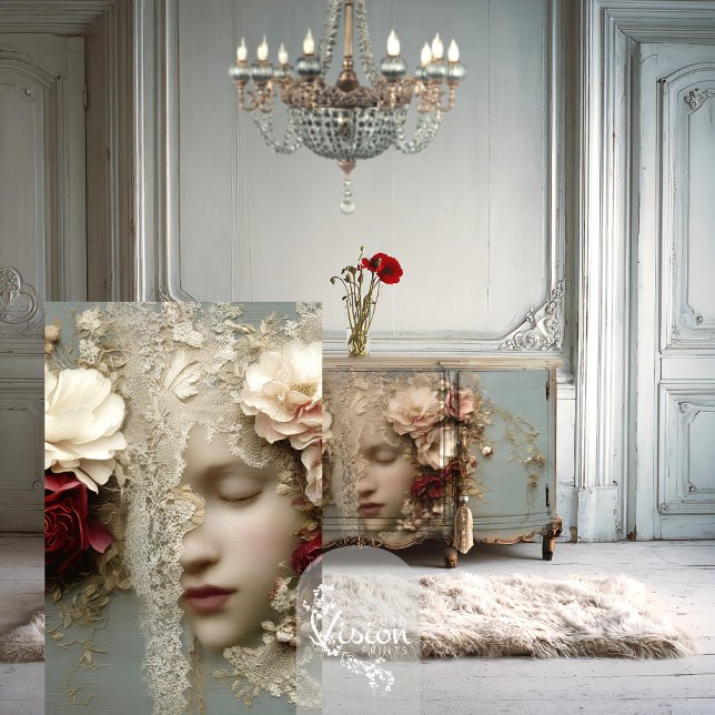 Papier Mousseline REVERIE IN BLOOM Abstract Portrait & Lace (Poster Mock up of a woman's face. Eyes closed, immersed in lace & flowers, in French chandelier room)