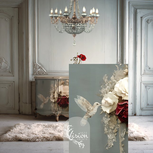Papier Mousseline REVERIE IN BLOOM II Hummingbird & Lace (Light blue grey heritage room with statement cabinet, & closeup lace hummingbird & floral art.)