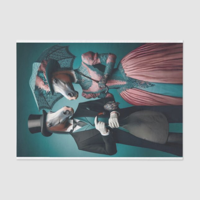 Papier Mousseline Robe Victorienne Turquoise Rosée Chevaux Découpage (Recto)