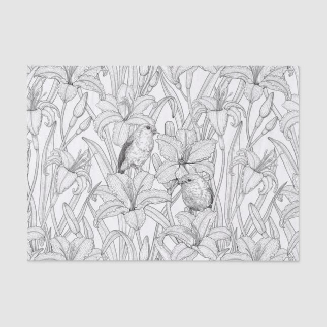 Papier Mousseline Robins et fleurs de lys, noir et blanc (Recto)