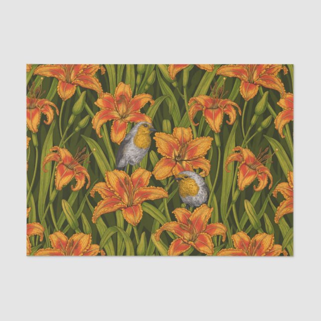 Papier Mousseline Robins et fleurs de lys, orange et vert foncé (Recto)