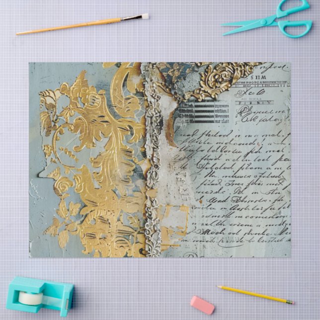 Papier Mousseline Rococo Bleu Or Italien Romantique  (Artisanat)