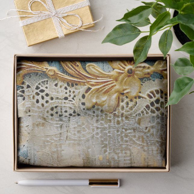 Papier Mousseline Rococo Bleu Or Italien Romantique  (Cadeau)