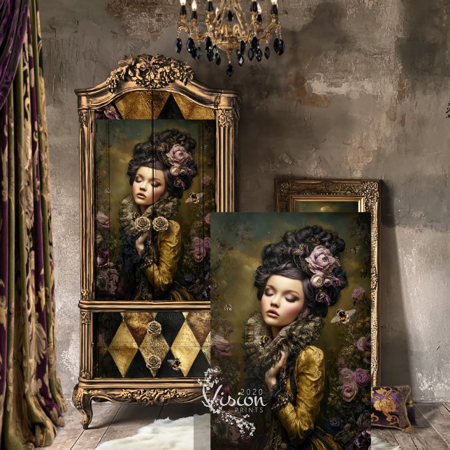 Papier Mousseline Rococo Buzz Moody Victorian Portrait & Floral Art (Rococo Buzz Victorian Woman Portrait, Baroque Bee & Floral Decoupage Tissue Paper)