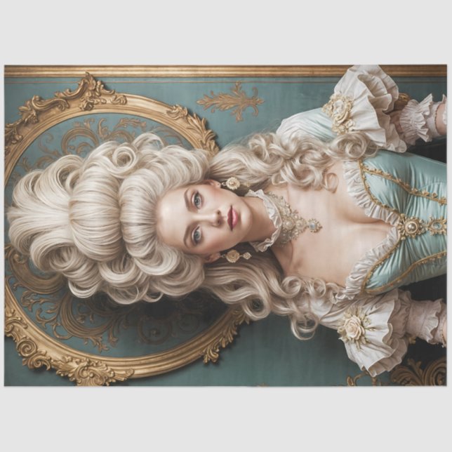 Papier Mousseline Rococo Duchess in Teal and Gold Decoupage Paper (Recto)