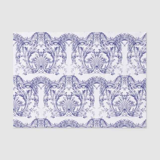 Papier Mousseline Rococo Motif baroque bleu et blanc (Recto)