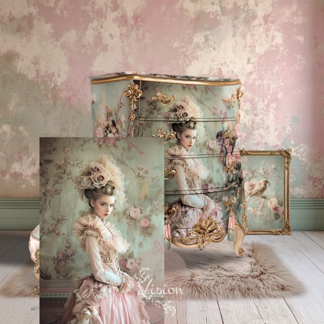 Papier Mousseline Rococo Portrait, Victorienne Vintage (Mary Antoinette inspired, French Lady, Rococo Costume, Coquette, Feminine Figure, Decoupage Tissue)
