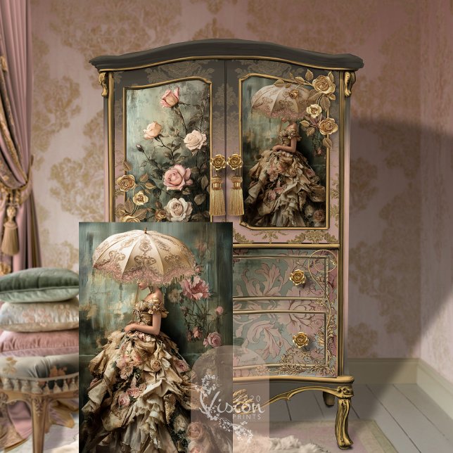 Papier Mousseline Rococo Rose Romance Portrait & Floral (Rococo Romance Elegant Woman, Bouffant dress & Parasol, Portrait Art Decoupage Tissue Paper)