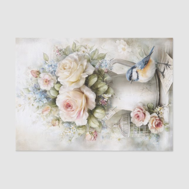 Papier Mousseline Romantic Flowers, Vintage Bird Decoupage (Recto)