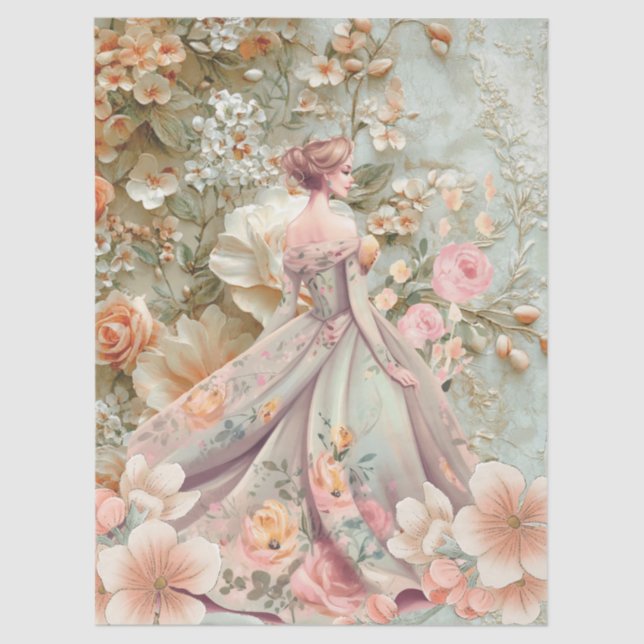 Papier Mousseline Romantic Lady In Floral Dress Decoupage Paper (Recto)