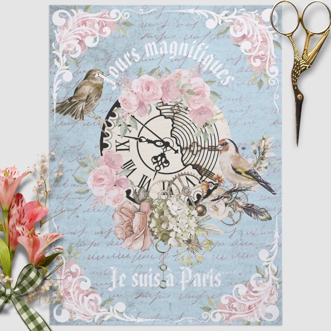 Papier Mousseline Romantique Français grunge bleu floral Ephemera Ch (Créateur téléchargé)