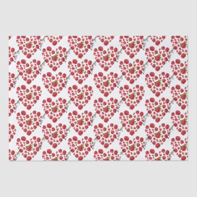 Papier Mousseline Romantique Je t'aime Roses Rouges Coeurs Tissu Pap (Recto)