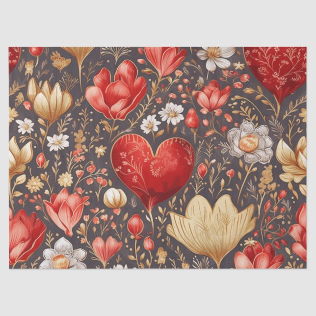 Papier Mousseline Romantique Rouge & Or Floral & Coeurs Découpage (Recto)