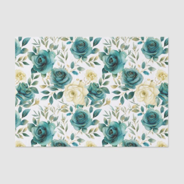 Papier Mousseline Romantique Turquoise Green Cream Rose Floral (Recto)